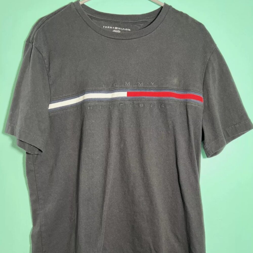 Tommy Hilfiger Mens Size Large Tee Shirt Black Crew Neck Logo Spellout